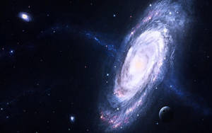 一個螺旋星系，在黑暗行星附近的深空中擁有發光的旋臂和星星。