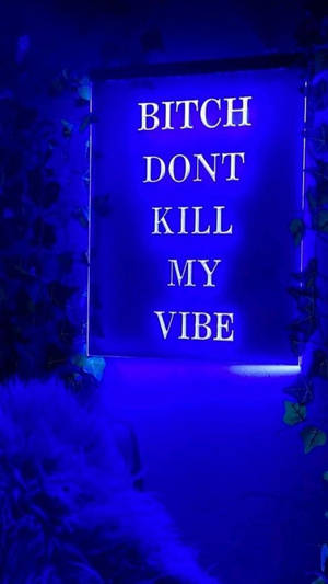 霓虹燈牌寫著「BITCH DONT KILL MY VIBE」，夜晚被常春藤環繞。