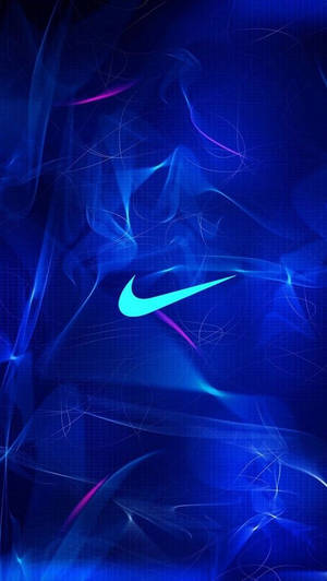 在電光藍和紫色抽象數位背景中發光的Nike勾號。