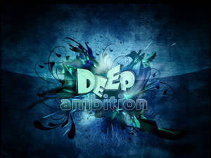 在紋理深藍色背景上，帶有 'DEEP ambition' 字樣的發光青綠色和黑色抽象設計。