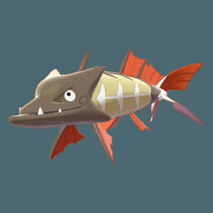 一條暴躁的卡通魚，帶橙色魚鰭和白色牙齒，在藍綠色水中游動。