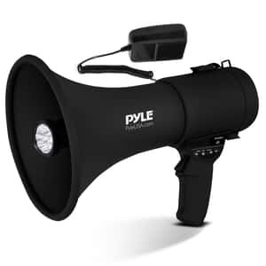 黑色Pyle擴音器，帶LED燈和麥克風，白色背景。 — 型格黑色 壁紙