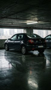 黑色房車停泊在潮濕的地下停車場，可欣賞城市景觀