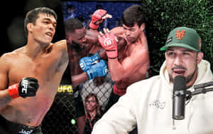 八角籠中的MMA拳手和對著咪高峰說話的評述員。