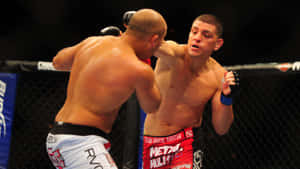 兩名男性拳手在MMA籠中比賽時互相揮拳。