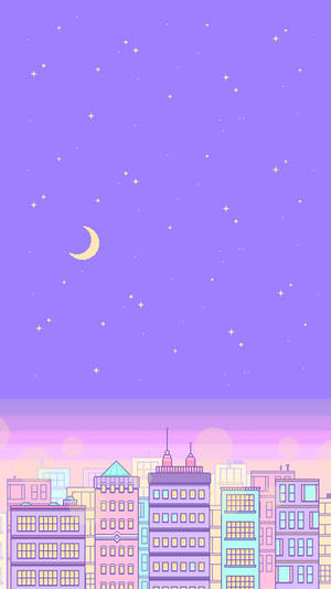 柔和色調的城市天際線在繁星點點的紫色夜空下，伴隨著一彎新月。 — 紫色 iPhone 壁紙