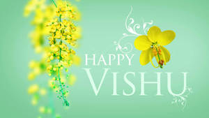 Happy Vishu 問候，帶有黃色花朵和薄荷綠色背景