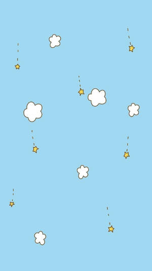 藍色天空，白色雲朵和黃色星星帶著虛線軌跡落下。 — 型格藍色動態 壁紙