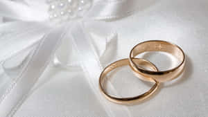兩個金色結婚戒指交織在帶有珍珠的白色緞帶上。