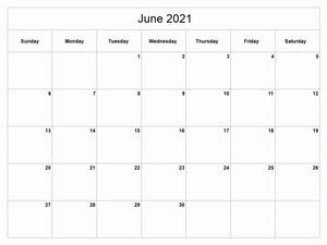 空白2021年6月日曆，包含星期和編號日期。