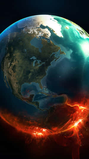 太空中表面下方帶有發光紅色能量的行星地球