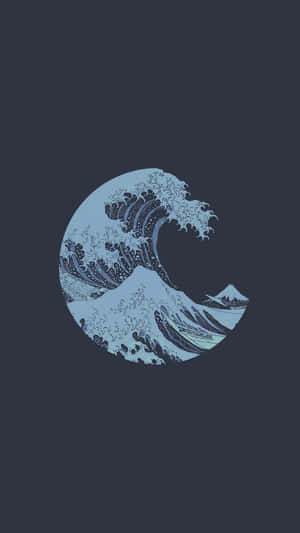 深色背景上以藍色調呈現的富士山與新月波浪插圖。