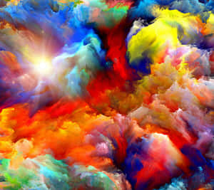 一個色彩繽紛的宇宙星雲，中央有明亮的太陽光芒。