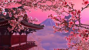 櫻花環繞日本寺廟，背景為富士山。 — 粉紅動漫美學 壁紙