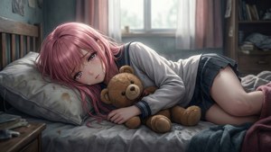 粉紅色頭髮的動漫女孩在床上抱著泰迪熊哭泣 — 可憐動漫 壁紙