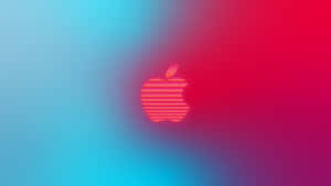 發光的Apple標誌，帶有水平條紋，位於藍色到洋紅色的漸變背景上。