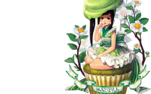 穿著綠色連衣裙的動漫女孩坐在抹茶杯子蛋糕上，旁邊有花朵 — 青綠色 GIF 壁紙