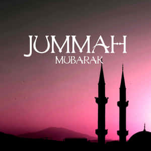 日落時分的清真寺宣禮塔剪影，帶有 JUMMAH MUBARAK 文字。 — iPad 壁紙