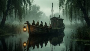 五個地精在船上，燈籠在霧氣瀰漫的河流上，周圍環繞著垂柳。 — 小小夢魘 壁紙