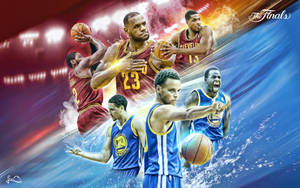 NBA 球員在總決賽中移動，伴隨著鮮豔的紅色和藍色條紋。
