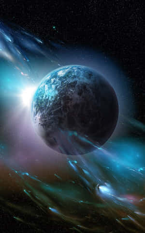 一顆藍色行星被發光的宇宙星雲環繞，背景有星星。