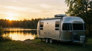 日落時分停泊在湖邊的銀色Airstream露營車。