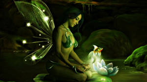 發光翅膀的仙子在黑暗的洞穴中，輕輕地拿著一條發光的魚，靠近一朵白蓮花。