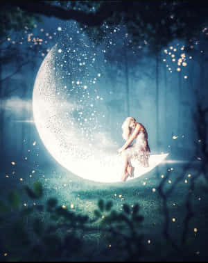 女性坐在魔法夜森林中發光的彎月上。