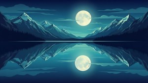 以SVG風格創作的向量藝術壁紙，描繪滿月倒映於湖面的靜謐景象。
