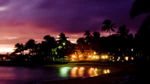 熱帶海灘在黃昏時分，棕櫚樹和發光的燈光倒映在水面上。
