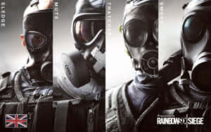 來自 Rainbow Six Siege 的四名戴防毒面具的士兵，名字為 Sledge Mute Thatcher Smoke。 — 虹彩六號：圍攻行動 壁紙