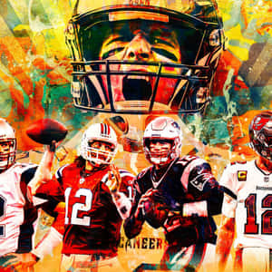 四名NFL四分衛戴著頭盔和制服，在風格化的拼貼畫中拿著橄欖球擺姿勢。