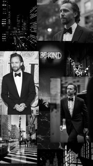 湯姆·希德勒斯頓身穿燕尾服的黑白城市夜景拼貼畫，帶有霓虹燈。 — 黑白藝術 壁紙