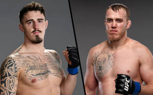兩名有紋身的男性MMA拳手戴著UFC手套為宣傳照擺姿勢。