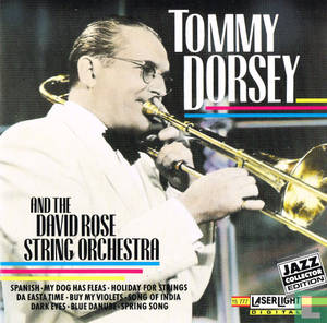 Tommy Dorsey 在帶有彩色條紋和文字的爵士專輯封面上演奏長號。 — 音樂 GIF 壁紙