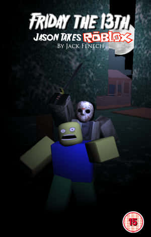 Roblox Jason Voorhees在滿月下拿著砍刀對著一個受驚的角色。 — Galaxy Tab Active5 壁紙