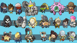 藍色條紋網格上嘅Q版Overwatch角色。