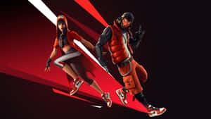 兩個穿著紅色服裝的 Fortnite 角色在紅色和黑色背景上充滿活力地跳躍。