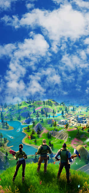 三個 Fortnite 玩家俯瞰著一個色彩繽紛的山谷，山谷中有河流和城鎮。