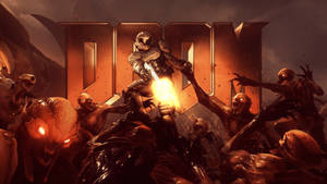 一個戰士在 DOOM 標誌下用發光武器與惡魔戰鬥。