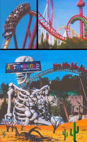 AstroWorld遊樂園，有過山車和巨型骷髏吉祥物。