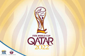 FIFA世界盃卡塔爾2022官方標誌，金色波浪背景和徽章。