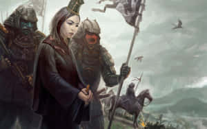 女武士與戰士們在暴風雨的天空下戰鬥，鳥兒飛翔。 — 1920x1200 壁紙
