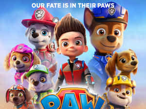 Paw Patrol 小狗團隊和穿著救援裝備的人類領袖英勇地微笑。