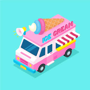 一輛色彩繽紛的等距雪糕車，頂部有一個巨大的甜筒。 — 雪糕 壁紙