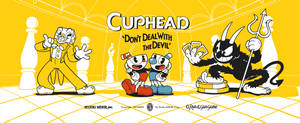 Cuphead 和 Mugman 在黃色格仔賭場場景中與惡魔和賭徒對峙。