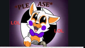 卡通狐狸，紫色臉頰和蝴蝶結，笑著帶有「LOL」和「*PLEASE*」文字。