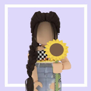 Roblox角色拿著向日葵，辮子頭髮和格仔衣服。