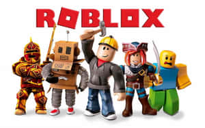五個穿著不同服裝的Roblox虛擬角色站在Roblox標誌下方。