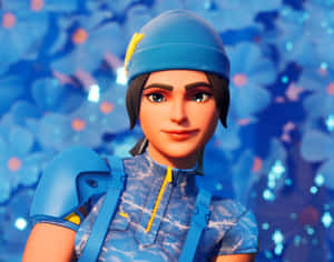 穿著藍色裝備的Fortnite角色微笑，背景是發光的花卉。